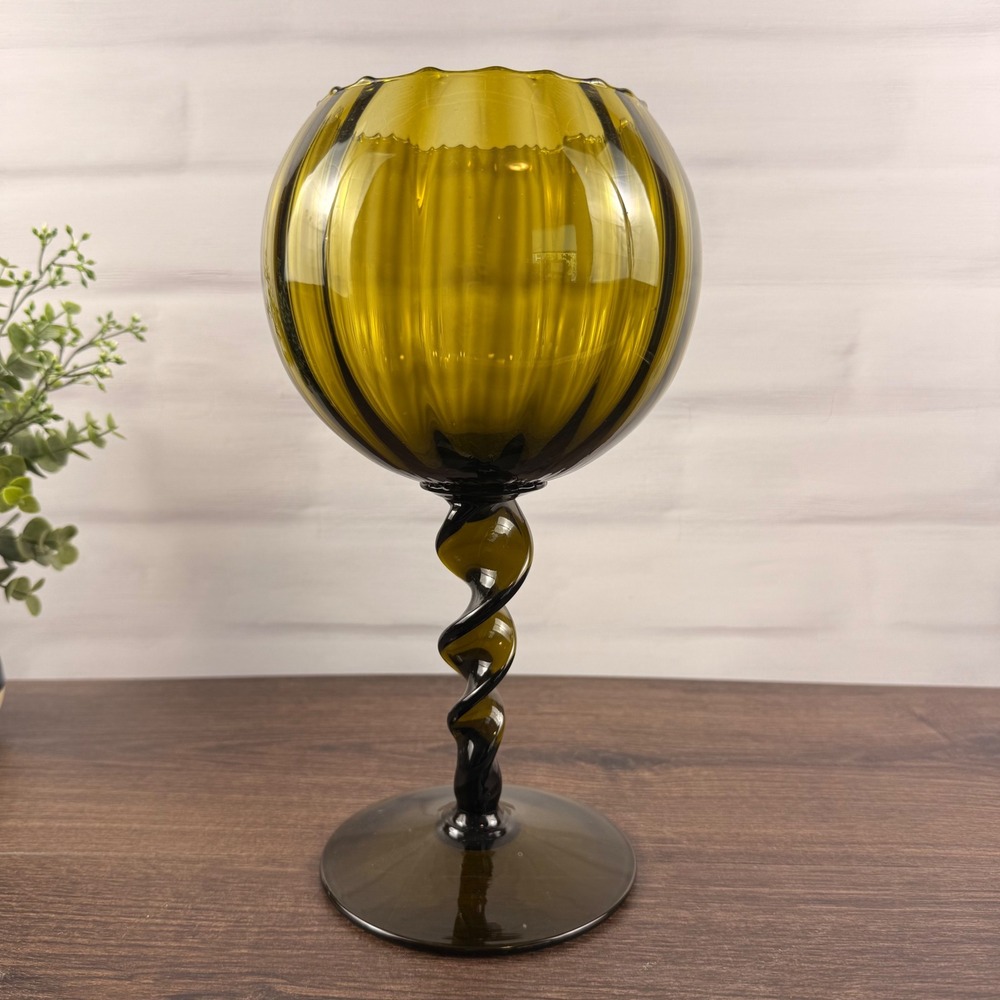 Empoli Italy Olive Green Art Glass Goblet Vase Twisted Stem MCM